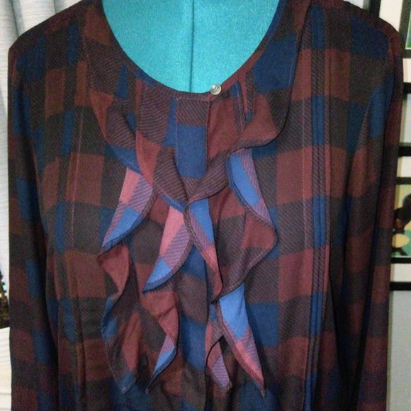 Ann Taylor Checkered Plaid Ruffled Blouse Sz L - Picture 11 of 12